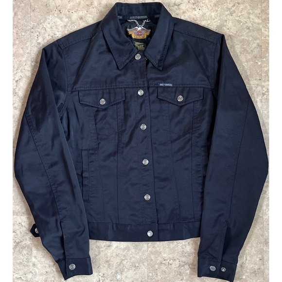 Harley-Davidson Womens Black Embroidered Logo Trucker Jacket Medium Cotton Blend - Picture 2 of 10